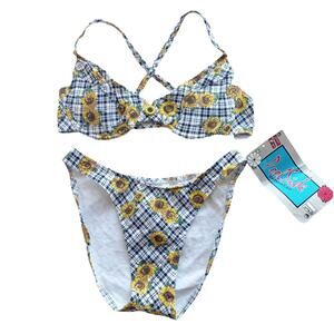 Vintage PoolSide Womens Size 13/14 Plaid Sunflower Underwire High Hip 90s Bikini